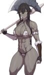  1girl abs axe bare_shoulders basdia_(yondome_wa_iya_na_shizokusei_majutsushi) black_hair breasts cleavage colored_skin grey_skin highres large_breasts long_hair looking_at_viewer lvl_(sentrythe2310) muscular muscular_female navel pointy_ears sidelocks smile solo thick_thighs thighs yellow_eyes yondome_wa_iya_na_shizokusei_majutsushi 