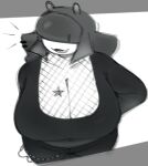 2024 animal_humanoid big_breasts black_bottomwear black_clothing black_pants black_shirt black_topwear bottomwear breasts cleavage clothed clothing curvy_figure digital_drawing_(artwork) digital_media_(artwork) eyestalks female fingers fishnet_clothing fishnet_topwear front_view furgonomics furry-specific_piercing gastropod gastropod_humanoid greyscale hand_on_hip huge_breasts humanoid lips long_sleeves markings mollusk mollusk_humanoid monochrome non-mammal_breasts open_mouth open_smile pants piercing portrait pseudo_hair rekkadraws sevin_(rekkadraws) shirt simple_background slug_humanoid smile solo star_(marking) topwear voluptuous voluptuous_female