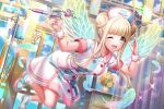  1girl :d aqua_eyes blonde_hair blue_footwear blue_sky braid braided_bun buttons cardiogram_print cloud collared_dress d4dj double_bun dress feathered_wings feathers floating flower fukushima_noa green_eyes grey_eyes hair_bun hand_up hat heart holding holding_syringe indoors iv_stand multicolored_eyes nurse nurse_cap official_art one_eye_closed pink_trim rose short_sleeves sidelocks sky smile socks solo sparkle syringe vase white_dress white_socks wing_print wings wrist_cuffs yellow_eyes yellow_flower yellow_rose 