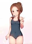  1girl absurdres breasts brown_eyes brown_hair competition_school_swimsuit covered_navel cowboy_shot deru06 gluteal_fold grey_swimsuit hair_bun highres long_hair looking_at_viewer one-piece_swimsuit original scan school_swimsuit sidelocks simple_background small_breasts solo swimsuit takagi-san thigh_gap v white_background 