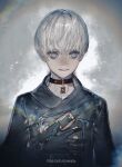  1boy 9s_(nier:automata) absurdres black_choker black_gloves black_jacket blue_eyes choker closed_mouth commentary_request copyright_name gloves grey_background highres jacket male_focus moony_(mogmogmelt) nier:automata nier_(series) short_hair smile solo upper_body white_hair 