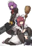  2girls aqua_eyes blue_bow bow broom chainsaw hair_bow highres hisui_(tsukihime) holding holding_broom juliet_sleeves long_sleeves looking_at_viewer maid maid_headdress mecha_hisui multiple_girls orange_eyes puffy_sleeves purple_hair red_hair robot_girl short_hair simple_background spike_ball tierra_misu tsukihime white_background wide_sleeves 