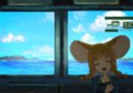  1girl :d ^_^ alternate_costume animal_ears aqua_sky artist_name blurry blurry_foreground braid cardigan closed_eyes cloud cloudy_sky commentary day depth_of_field facing_viewer hair_tie hand_up happy highres holding horizon indie_virtual_youtuber long_hair mau-chan_(7name) mouse_ears mouse_girl naname_(7name) ocean open_cardigan open_clothes open_mouth orange_hair scenery sidelocks signature sky smile solo train_interior twin_braids upper_body water wide_shot 