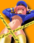  blush breasts caution_tape cosplay from_below hat kamia_(not_found) kasuga_aya keep_out medium_breasts no_bra no_panties original police police_uniform red_eyes red_hair solo thighhighs underboob uniform 