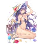  1girl arm_up artist_request ball bare_legs beachball bikini bracelet breasts choker cleavage final_gear flower from_side full_body hair_between_eyes hair_ribbon hand_on_headwear hat hat_flower hat_ribbon hibiscus highres jewelry large_breasts long_hair navel official_art parted_lips purple_eyes purple_hair ribbon sandals seiza side-tie_bikini_bottom sidelocks simple_background sitting solo sun_hat swimsuit tachi-e third-party_source transparent_background untied_bikini viola_(final_gear) 
