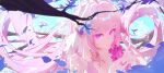 1girl absurdres bare_shoulders bouquet branch breasts bridal_veil chinese_commentary closed_mouth collarbone commentary_request diamond-shaped_pupils diamond_(shape) elysia_(herrscher_of_human:ego)_(honkai_impact) elysia_(honkai_impact) go_satoshi_ko hair_between_eyes hair_intakes hands_up highres holding holding_bouquet honkai_(series) honkai_impact_3rd jewelry large_breasts long_hair looking_at_object pink_hair portrait purple_eyes purple_pupils ring sidelocks smile solo symbol-shaped_pupils translation_request veil very_long_hair 