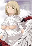  1girl absurdres bob_cut breasts chimera commentary dungeon_meshi falin_touden falin_touden_(chimera) feathers highres kanadeho large_breasts light_brown_hair looking_at_viewer monster_girl parted_lips short_hair slit_pupils solo spoilers taur underboob wings yellow_eyes 