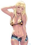  1girl arm_up armpits bare_shoulders belt bikini bikini_top_only black_bikini black_choker blonde_hair blue_shorts blush bracelet breasts breasts_apart choker collarbone commentary_request denim denim_shorts ear_piercing earrings fake_nails floral_print grin gyaru halterneck highres jewelry kitagawa_marin large_breasts long_hair looking_at_viewer muted_color nail_polish navel navel_piercing necklace no_shirt o-ring o-ring_bikini piercing print_bikini red_eyes short_shorts shorts simple_background smile solo sono_bisque_doll_wa_koi_wo_suru stomach suna_(sandworks) swimsuit underboob w w_over_eye white_background 