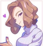  1girl artist_name breasts brown_hair closed_mouth fingernails grey_outline hair_intakes heart highres medium_breasts nail_polish omochi_(omotimotittona3) outline palina_(pokemon) pink_nails pokemon pokemon_legends:_arceus purple_eyes ribbed_sweater short_hair smile solo sweater turtleneck turtleneck_sweater upper_body white_sweater 
