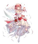  1girl boots bow bridal_veil bride damaged detached_sleeves dress fire_emblem fire_emblem_engage fire_emblem_heroes flower gloves gold_trim hairband halterneck highres holding holding_sword holding_weapon lapis_(fire_emblem) lapis_(mighty_bride)_(fire_emblem) miwabe_sakura non-web_source official_alternate_costume official_art pink_eyes pink_hair red_bow red_flower red_rose rose solo sword thigh_boots torn_clothes torn_dress two-tone_hairband veil weapon wedding_dress white_background white_dress white_gloves white_hairband yellow_hairband 