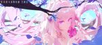  1girl absurdres bare_shoulders bouquet branch breasts bridal_veil chinese_commentary closed_mouth collarbone commentary_request diamond-shaped_pupils diamond_(shape) elysia_(herrscher_of_human:ego)_(honkai_impact) elysia_(honkai_impact) go_satoshi_ko hair_between_eyes hair_intakes hands_up highres holding holding_bouquet honkai_(series) honkai_impact_3rd jewelry large_breasts long_hair looking_at_object pink_hair portrait purple_eyes purple_pupils ring sidelocks smile solo symbol-shaped_pupils translation_request veil very_long_hair 