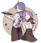  1boy 1girl apron arthur_(fire_emblem:_genealogy_of_the_holy_war) border brother_and_sister brown_apron commentary curtained_hair fire_emblem fire_emblem:_genealogy_of_the_holy_war grey_background haconeri holding holding_plate long_hair open_mouth outside_border plate purple_eyes purple_hair round_border siblings sparkle symbol-only_commentary tine_(fire_emblem) waiter waitress white_border 