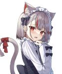  1girl absurdres animal_ear_fluff animal_ears black_vest bow cat_ears cat_girl cat_tail ear_piercing earrings extra_ears fang grey_hair hair_bow hair_ornament hairclip highres holding holding_tray jewelry lkjun_(jg010118) long_sleeves looking_at_viewer maid maid_headdress multicolored_hair neneko_mashiro piercing red_eyes red_hair shirt short_hair single_earring stellive streaked_hair tail tears tray two-tone_hair vest virtual_youtuber white_shirt 