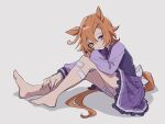  1girl amano_(amano_miko) animal_ears bandaged_leg bandages bandaid bandaid_on_leg bare_legs barefoot blue_skirt closed_mouth grey_background highres horse_ears horse_girl horse_tail long_sleeves looking_at_viewer orange_hair pleated_skirt purple_eyes school_uniform short_hair simple_background sitting skirt smile solo t.m._opera_o_(umamusume) tail thighs toes tracen_school_uniform umamusume 