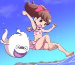  &gt;_&lt; 1girl barefoot black_eyes blue_sky brown_hair floating ghost high_ponytail jumping kodama_fumika long_hair midriff nollety open_mouth outdoors pendant_watch purple_lips sky watch water whisper_(youkai_watch) youkai_(youkai_watch) youkai_watch youkai_watch_(object) 