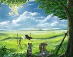  1girl bad_id bad_pixiv_id clothesline cloud copyright_request day dog futari_to_ippiki_no_tabi grass landscape laundry lowres original outdoors running sae_(revirth) scenery tree 