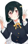  1girl :t black_jacket blush closed_mouth collared_shirt commentary_request double_v fang fang_out green_hair hair_ribbon hands_up highres jacket long_sleeves looking_at_viewer love_live! love_live!_nijigasaki_high_school_idol_club mifune_shioriko neck_ribbon nijigasaki_school_uniform plaid plaid_skirt poizun_(user_wmgk4287) pout red_eyes ribbon school_uniform shirt short_hair skirt solo sweatdrop upper_body v white_background white_shirt white_skirt winter_uniform yellow_ribbon 