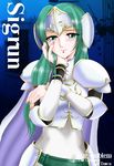  armor cape character_name copyright_name fire_emblem fire_emblem:_akatsuki_no_megami fire_emblem:_souen_no_kiseki green_eyes green_hair hissaa_(starlight_express) long_hair low-tied_long_hair sigrun solo 