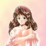  atelier_(series) atelier_viorate bare_shoulders breasts brown_hair collarbone earrings eisel_weimar gem green_eyes jewelry long_hair looking_at_viewer medium_breasts nipples non-web_source solo tiara undressing upper_body 