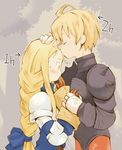  1girl agrias_oaks armor b.tarou blonde_hair blush braid closed_eyes couple final_fantasy final_fantasy_tactics hetero kiss knight long_hair lowres ramza_beoulve single_braid spikes yellow_eyes 