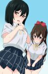  2girls bad_hands blue_background blue_eyes blue_skirt blush bow breasts brown_hair closed_mouth collared_shirt commentary_request fang gradient_background green_hair hair_between_eyes hair_bow highres long_hair looking_at_viewer love_live! love_live!_nijigasaki_high_school_idol_club medium_breasts mifune_shioriko multiple_girls neck_ribbon nijigasaki_school_uniform open_mouth osaka_shizuku plaid plaid_skirt poizun_(user_wmgk4287) red_bow red_eyes ribbon school_uniform see-through see-through_shirt shirt short_hair short_sleeves sidelocks sketch skirt summer_uniform sweat upper_body wavy_mouth white_background white_shirt yellow_ribbon 