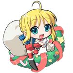  artoria_pendragon_(all) bad_id bad_pixiv_id chibi christmas fate/stay_night fate_(series) manji_taba saber sack santa_costume solo thighhighs wreath 