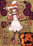  2007 bad_id bad_pixiv_id broom brown_background brown_eyes brown_hair dress engrish flower halloween hat jack-o'-lantern kiris orange_flower orange_rose original pantyhose pumpkin ranguage rose solo trick_or_treat witch_hat 