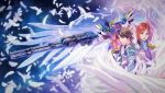  1boy 1girl artist_request beam_rifle brown_hair buster_rifle commentary_request energy_gun feathers green_eyes gundam gundam_wing gundam_wing_endless_waltz highres holding holding_weapon looking_at_viewer mecha mechanical_arms mechanical_wings mobile_suit nagano_shiina official_art real_life red_hair robot short_hair single_mechanical_arm sky star_(sky) starry_sky takayama_minami v-fin weapon wing_gundam_zero_custom wings 