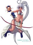  blue_eyes bow_(weapon) breasts champuru dark_skin hits long_hair majikina_mina medium_breasts mizuki_gyokuran ponytail samurai_spirits sideboob snk solo tabi weapon white_hair 