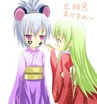  2girls akeome amber_(darker_than_black) animal_ears brown_hair chinese_zodiac darker_than_black face_painting green_hair hanetsuki happy_new_year japanese_clothes kimono kuro_(be_ok) long_hair mouse_ears multiple_girls new_year painting pink_eyes year_of_the_rat yellow_eyes yin 