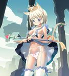  animal_ears bad_id bad_pixiv_id blonde_hair blue_eyes copyright_request crown day garters hat lingerie naked_suspenders no_bra panties revealing_clothes ribbon side-tie_panties skirt skirt_lift sky solo suspenders tail thighhighs topless tougetsu_gou underwear wand 