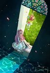  bad_id bad_pixiv_id caustics copyright_request dress flower grass hachino long_hair petals pink_hair solo water 