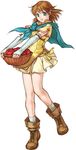  apple blue_eyes boots brown_hair fire_emblem fire_emblem:_souen_no_kiseki food fruit hair_tubes highres kita_senri mist_(fire_emblem) official_art short_hair skirt smile solo 