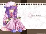  artist_request blue_bow book bow crescent frills full_body hat knees_up long_hair long_sleeves mob_cap necktie patchouli_knowledge pink_bow purple_eyes purple_hair reading red_neckwear simple_background sitting solo touhou white_background 