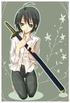  ahoge androgynous artist_request barefoot belt black_hair black_pants collared_shirt dress_shirt eyebrows_visible_through_hair green_eyes holding holding_sword holding_weapon kino kino_no_tabi long_sleeves looking_down pants parted_lips reverse_trap shirt short_hair solo sword weapon white_shirt 