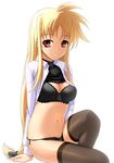  40010prototype black_bra black_panties blonde_hair bra breasts dress_shirt fate_testarossa lingerie long_hair low-tied_long_hair lyrical_nanoha mahou_shoujo_lyrical_nanoha_strikers medium_breasts midriff open_clothes open_shirt panties red_eyes shirt side-tie_panties solo thighhighs underwear very_long_hair 