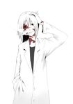  bad_id bad_pixiv_id bags_under_eyes copyright_request expressionless hand_in_pocket hand_on_head head_tilt labcoat male_focus monochrome scar smoking solo sugimoto_gang 