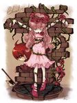  1girl axe bad_id bad_pixiv_id brick_wall dress flower kiris original outstretched_arms pink_hair plant restrained rose spread_arms vines weapon 