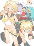 3girls akinbo_(hyouka_fuyou) bad_id bad_pixiv_id belt brother_and_sister everyone hatsune_miku kagamine_len kagamine_rin kaito meiko midriff multiple_boys multiple_girls navel no_panties petite pulled_by_self short_shorts shorts shorts_pull siblings thigh_gap twins vocaloid 