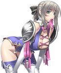  armor ass bent_over blonde_hair blush bow breasts cassandra_alexandra cleavage elbow_gloves gloves green_eyes hair_ribbon kansuke large_breasts leaning_forward long_hair mouth_hold necktie pink_neckwear ribbon silver_hair solo soulcalibur thighhighs 