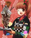  body_mahattaya_ginga brown_eyes brown_hair cookie flower food hair_flower hair_ornament ice_cream japanese_clothes kimono one_eye_closed original parfait pocky ponytail red_background side_ponytail solo symbol-shaped_pupils tray 
