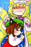  animal_ears blonde_hair blue_background blush cat_ears chen dress full-face_blush hair_over_eyes hat height_difference hidden_eyes hug long_sleeves morino_harifu multiple_girls multiple_tails pillow_hat red_dress sleeping surcoat tabard tail touhou white_dress yakumo_ran 