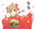  blush brown_eyes brown_hair copyright_request japanese_clothes kimono kuga_tsukasa mouse solo 