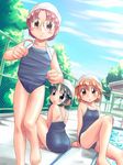  barefoot blush chain-link_fence day determined dutch_angle fence flat_chest glasses looking_back multiple_girls one-piece_swimsuit original outdoors pool poolside school_swimsuit sitting soaking_feet swim_cap swimsuit walking water zan_nekotama 