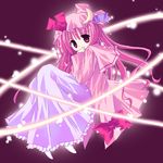  artist_request blush bow crescent floating frills full_body hat long_hair looking_at_viewer magic mob_cap patchouli_knowledge pink_bow pink_hair purple_background purple_eyes red_bow simple_background solo tareme touhou very_long_hair 