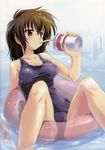  blush breasts brown_eyes brown_hair cameltoe covered_nipples drink drinking_straw highres innertube iriya_no_sora_ufo_no_natsu komatsu_eiji large_breasts one-piece_swimsuit pool pool_ladder purple_school_swimsuit school_swimsuit see-through short_hair soda solo sudou_akiho swimsuit taut_clothes water wet 