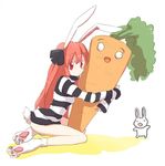  animal_ears bad_id bad_pixiv_id bottomless bunny bunny_ears carrot copyright_request long_hair mokeo red_eyes red_hair ribbon solo striped 