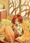 artist_request blanket copyright_request cup legs red_hair solo 