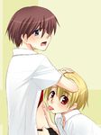  2boys blonde_hair blush brown_hair higurashi_no_naku_koro_ni houjou_satoshi lowres maebara_keiichi male_focus multiple_boys yaoi 