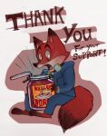  2017 amazed anthro barefoot borsch bottomwear canid canine clothing collar container disney feet food fox fur hi_res holding_jar jacket jar looking_down male mammal nick_wilde nicolaswildes_(artist) open_mouth pants red_body red_fur sharp_teeth shock_collar simple_background sitting solo suit tail teeth text topwear wide_eyed yellow_eyes zistopia zootopia 
